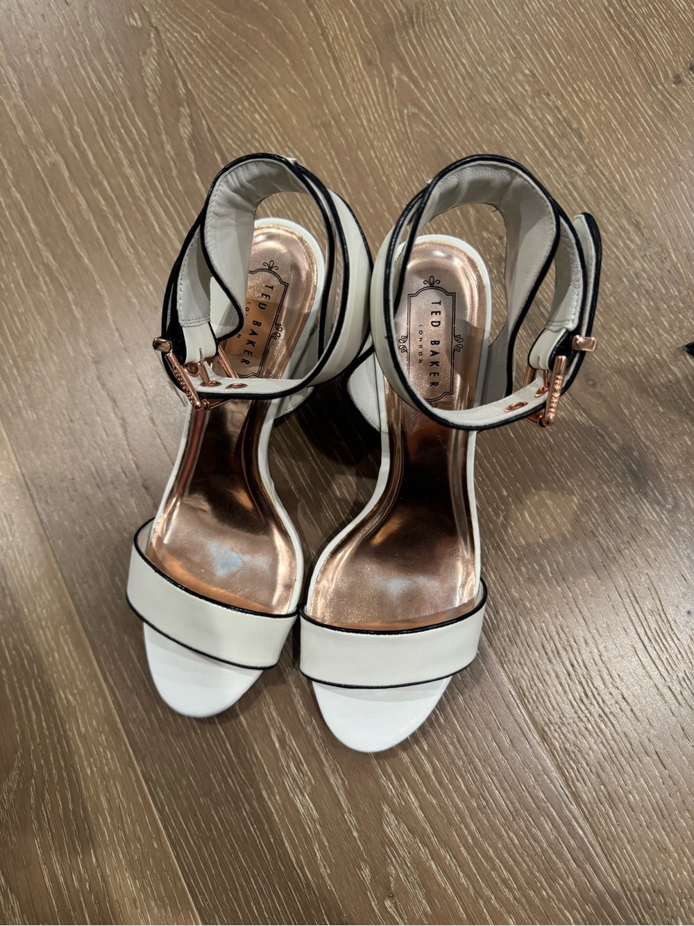 Ted Baker White Heeled Ankle-Strap Sandals with Black Trim - Picture 1 of 2
